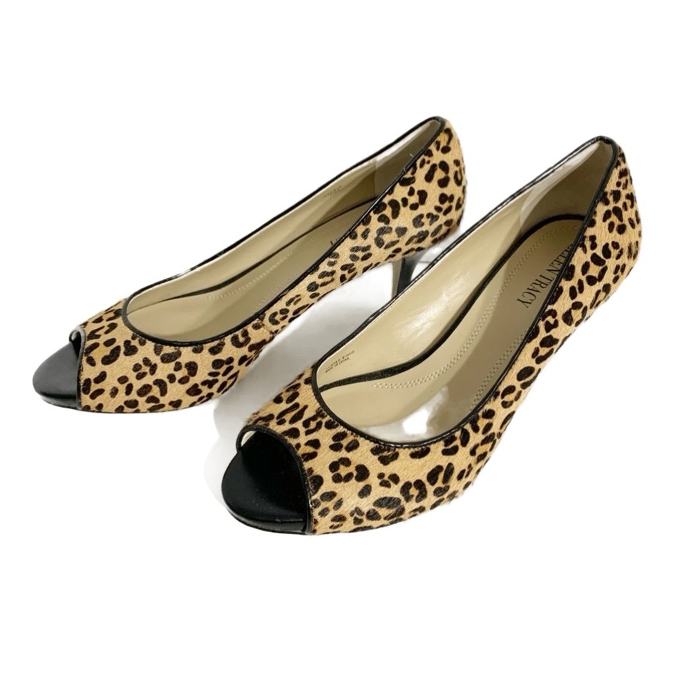 Ellen Tracy Vanna Leather with Fur Overlay Leopard 🐆 Print Open Toe High Heels